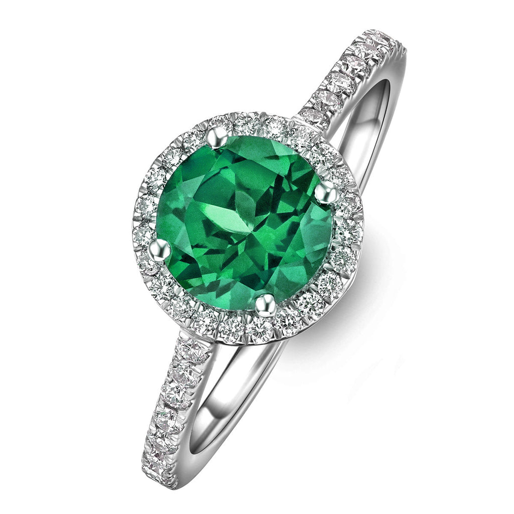 Green Emerald Halo Round Ring