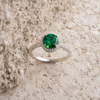 Green Emerald Halo Round Ring