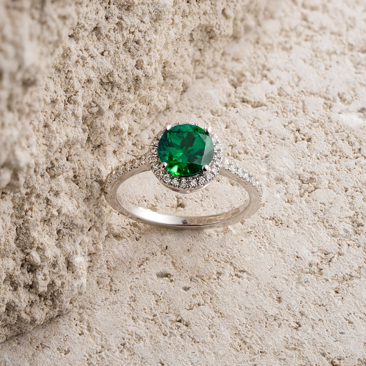 Green Emerald Halo Round Ring