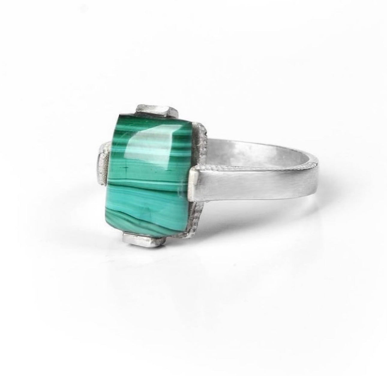 Green Malachite Square Ring - Sterling Silver 925