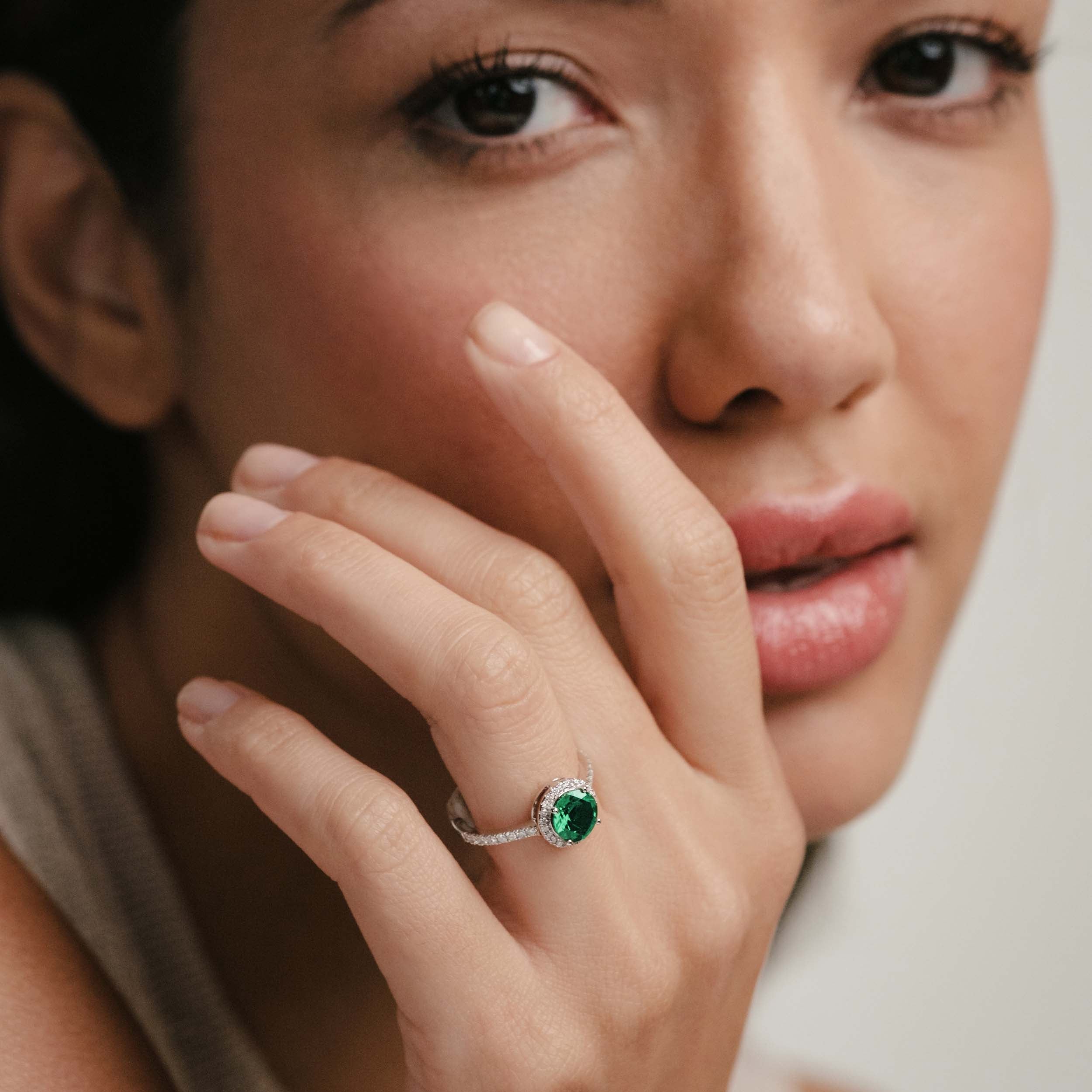 Green Emerald Halo Round Ring