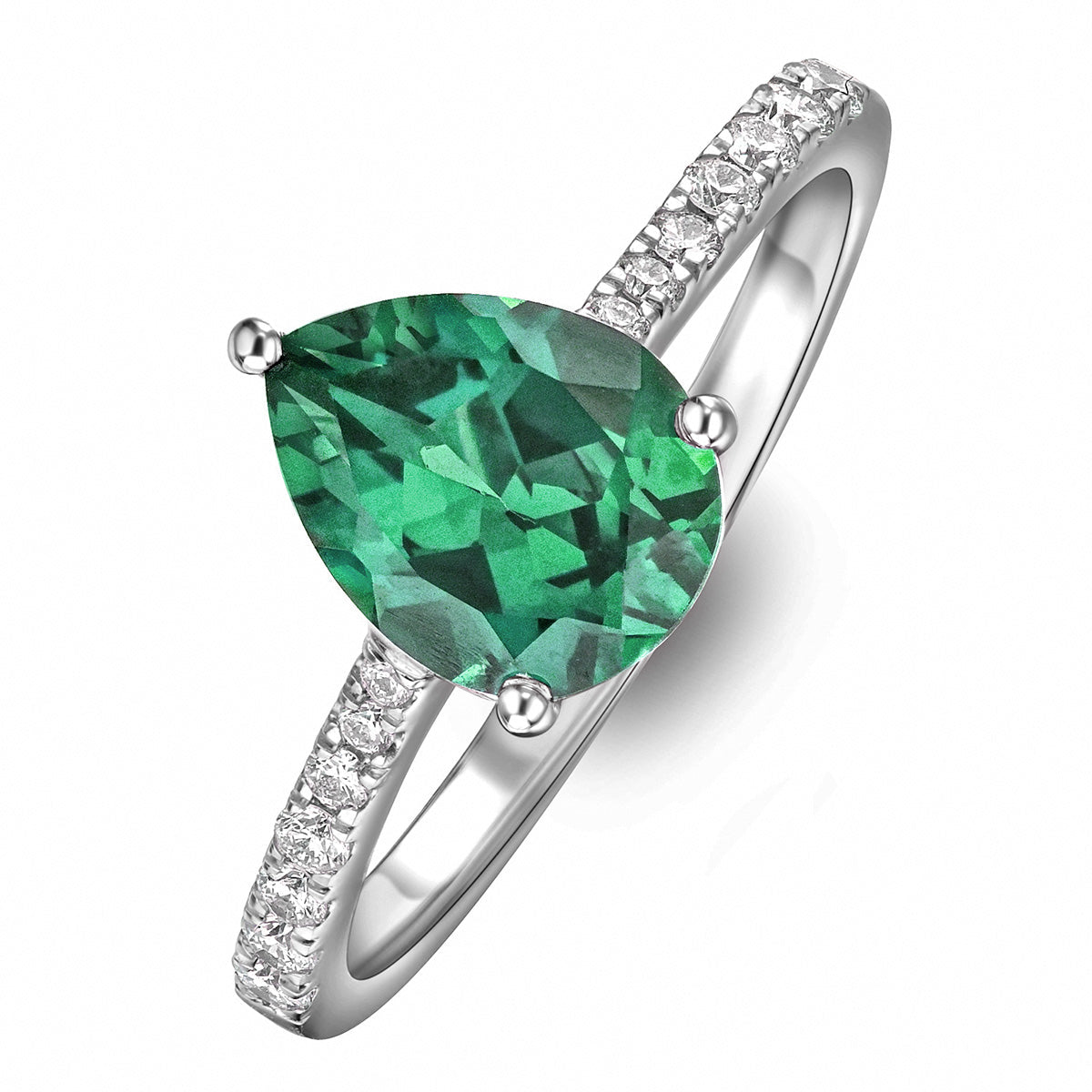Green Emerald Pear Cut Ring in Silver