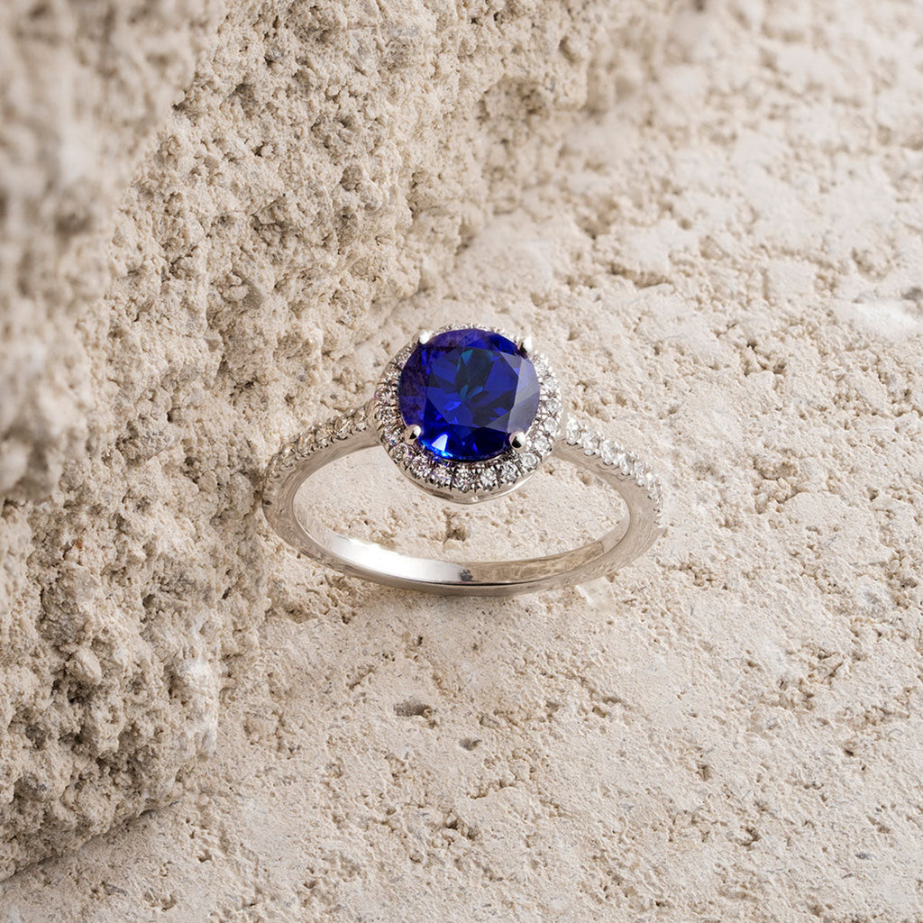 Blue Sapphire Halo Round Ring