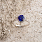 Blue Sapphire Halo Round Ring