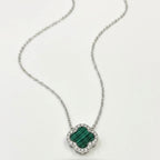 Green Malachite Clover Necklace -Pure Sterling Silver 925s-(55cm)