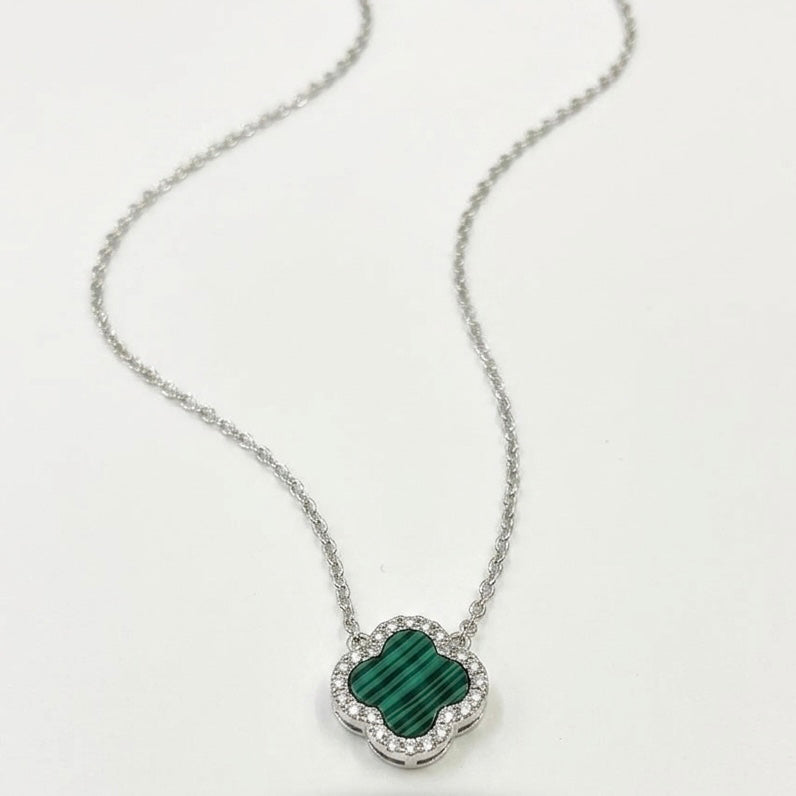 Green Malachite Clover Necklace -Pure Sterling Silver 925s-(55cm)