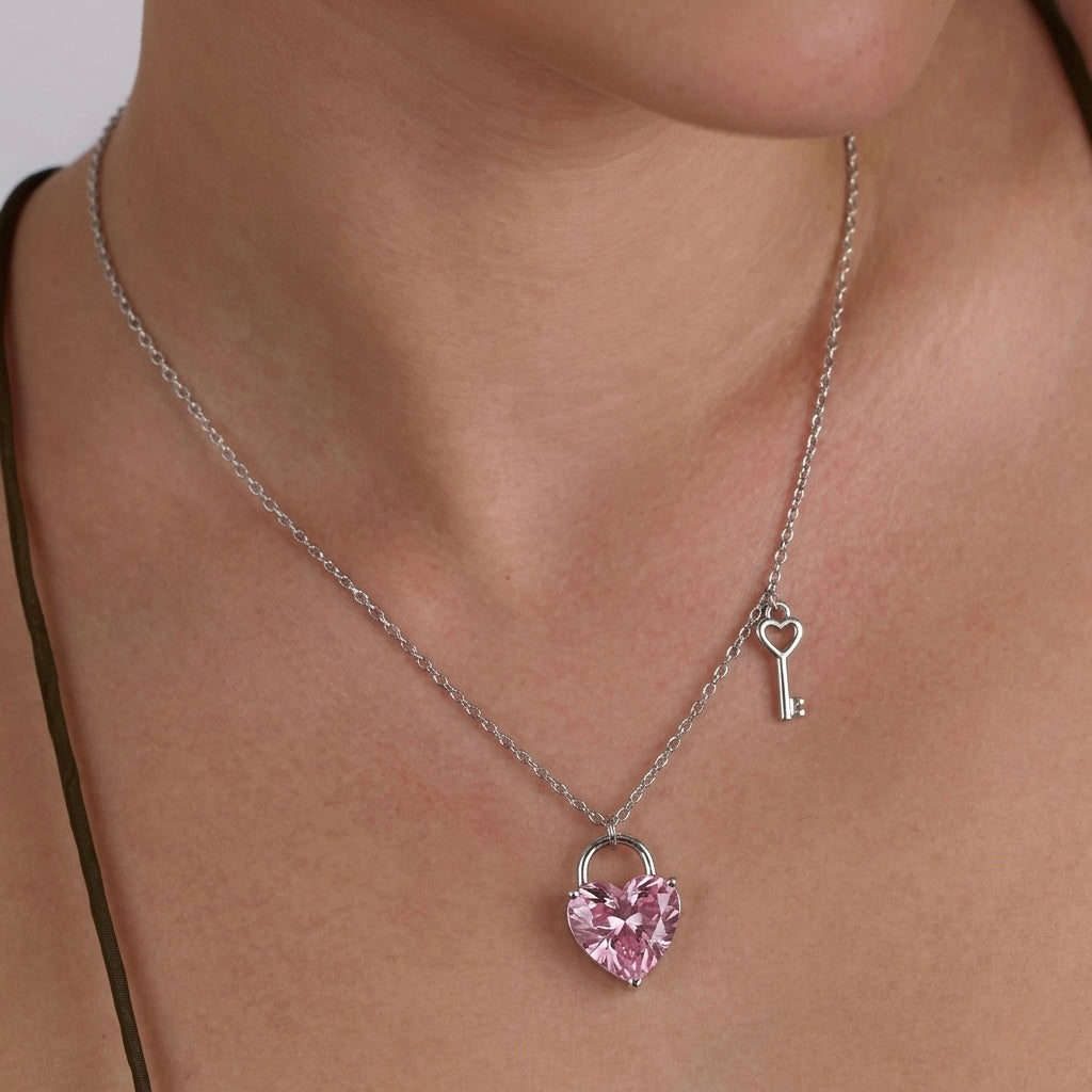 Pink Heart & Key Necklace