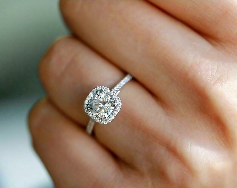 White Zircon Cushion Cut Halo