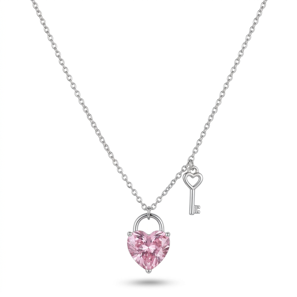 Pink Heart & Key Necklace