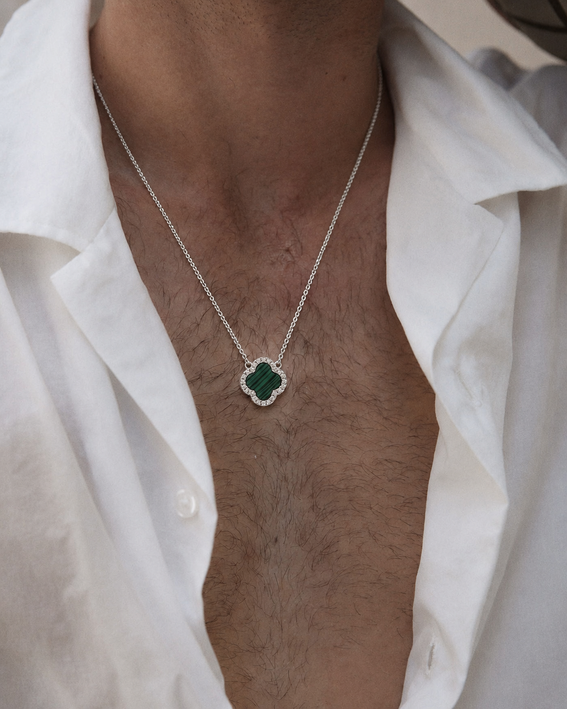 Green Malachite Clover Necklace -Pure Sterling Silver 925s-(55cm)