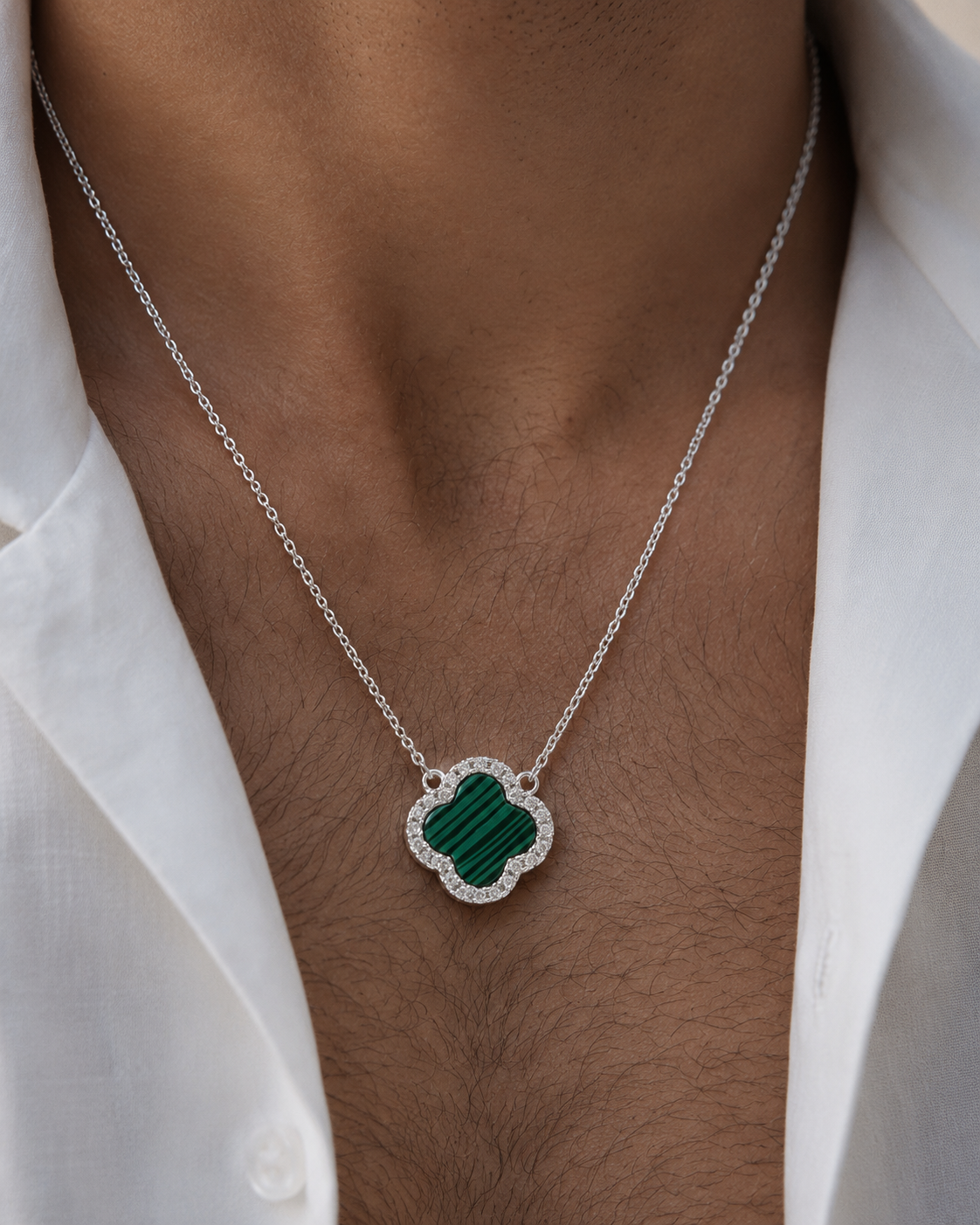 Green Malachite Clover Necklace -Pure Sterling Silver 925s-(55cm)