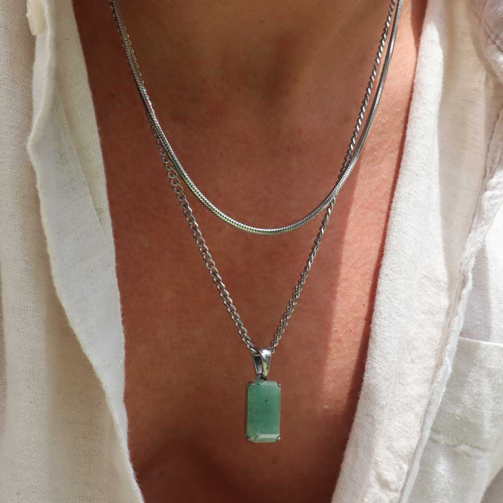 Green Aventurine Necklace -Pure Sterling Silver 925s-(60cm)