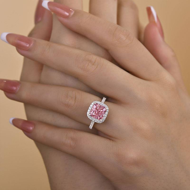 Louily Lovely Halo Radiant Cut Pink Stone Ring