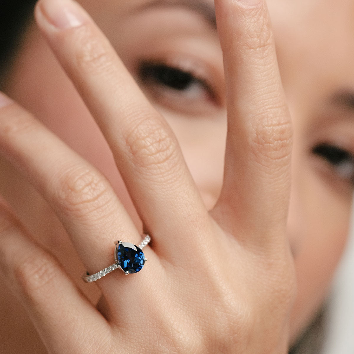 Blue Sapphire Pear Cut Ring in Silver