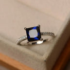 Blue Sapphire Square Cut Ring in Silver