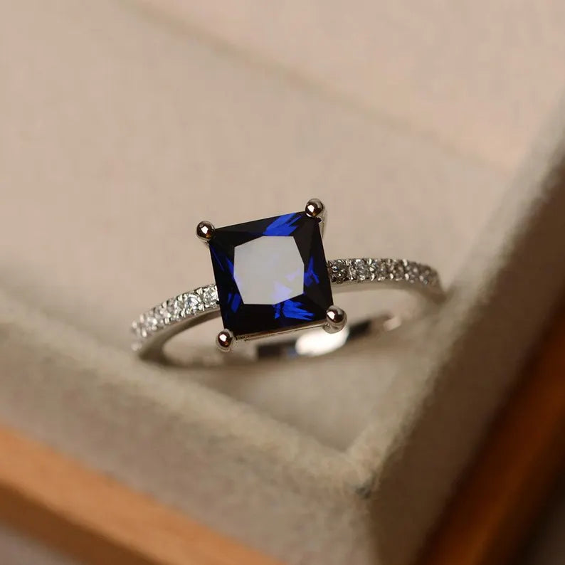 Blue Sapphire Square Cut Ring in Silver