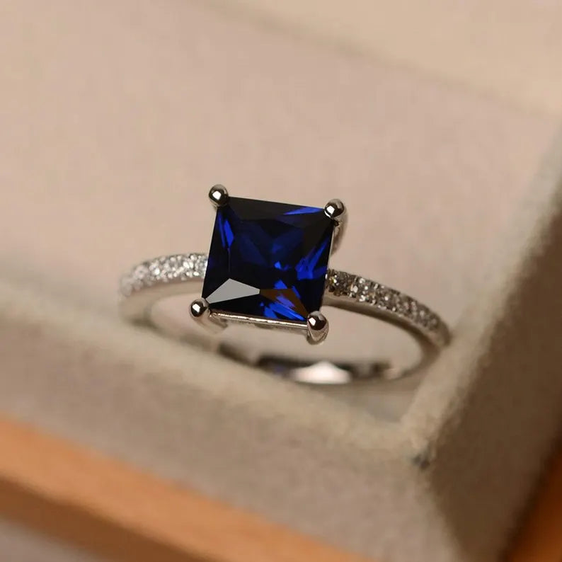Blue Sapphire Square Cut Ring in Silver