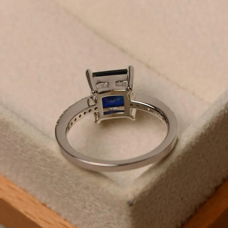 Blue Sapphire Square Cut Ring in Silver