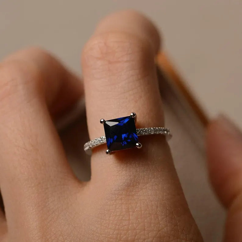Blue Sapphire Square Cut Ring in Silver
