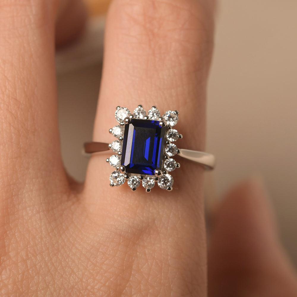 Sapphire Emerald Cut Halo Ring