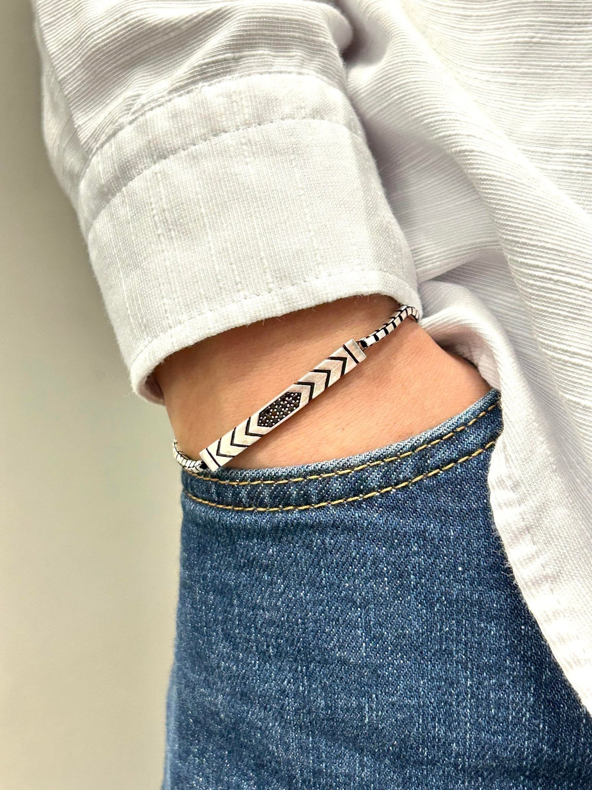 Black Chevron -S925 Sterling Silver Bracelet - Sila Silver Jewelry