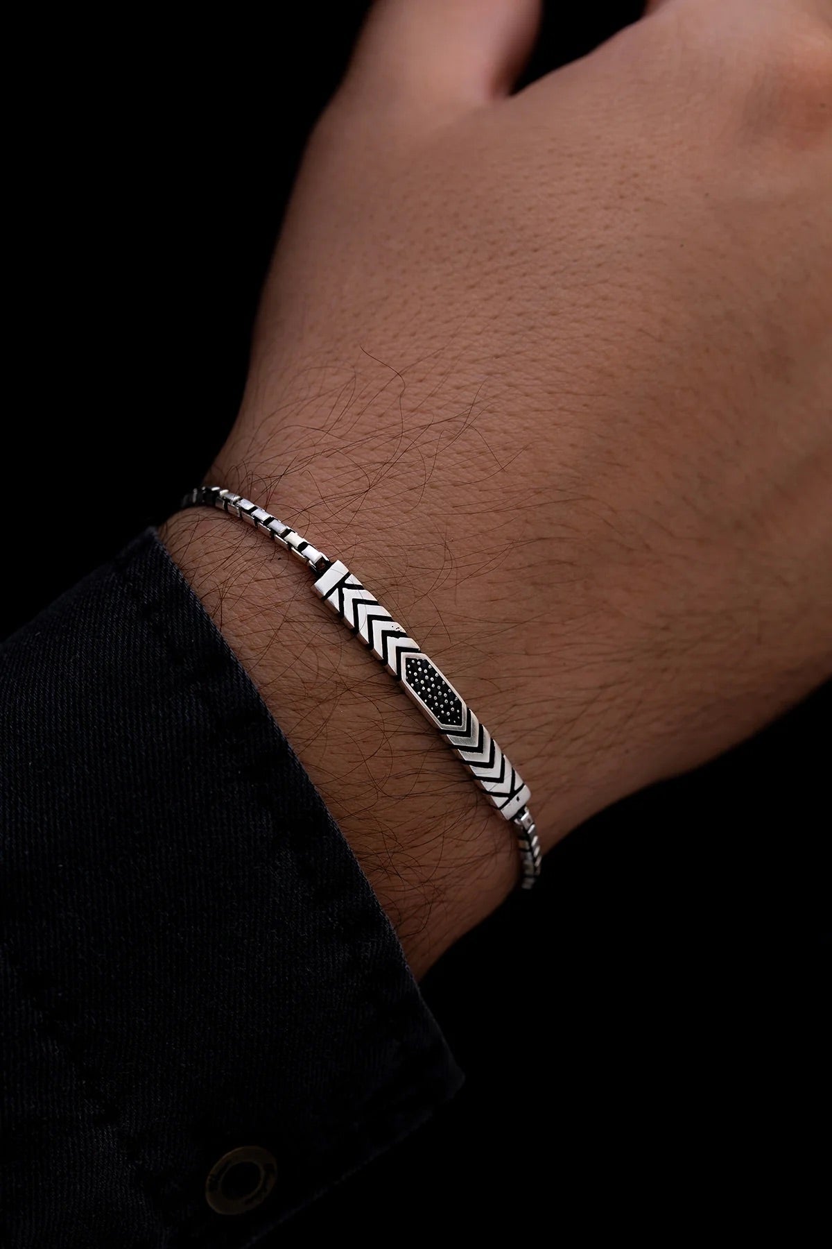 Black Chevron -S925 Sterling Silver Bracelet - Sila Silver Jewelry