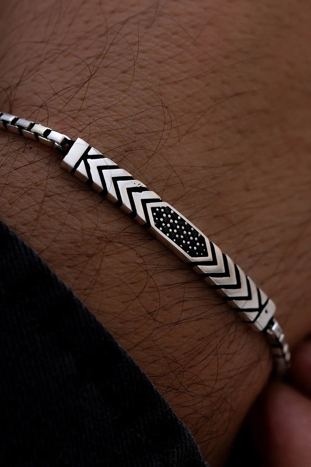 Black Chevron -S925 Sterling Silver Bracelet - Sila Silver Jewelry