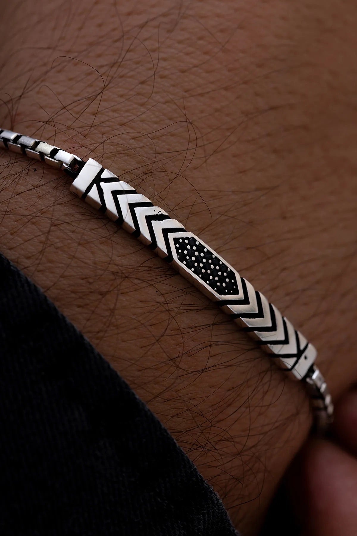 Black Chevron -S925 Sterling Silver Bracelet - Sila Silver Jewelry