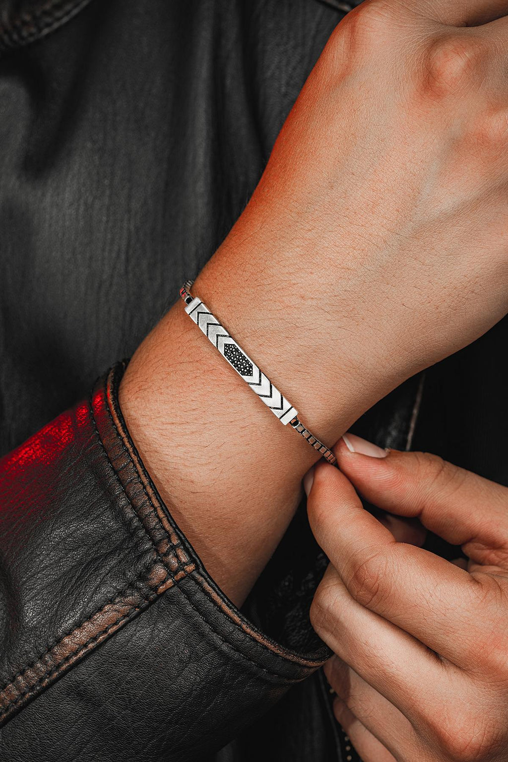 Black Chevron -S925 Sterling Silver Bracelet - Sila Silver Jewelry