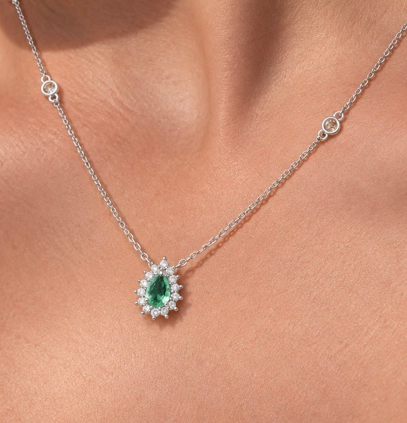 Green Pear Halo Necklace - Sila Silver Jewelry
