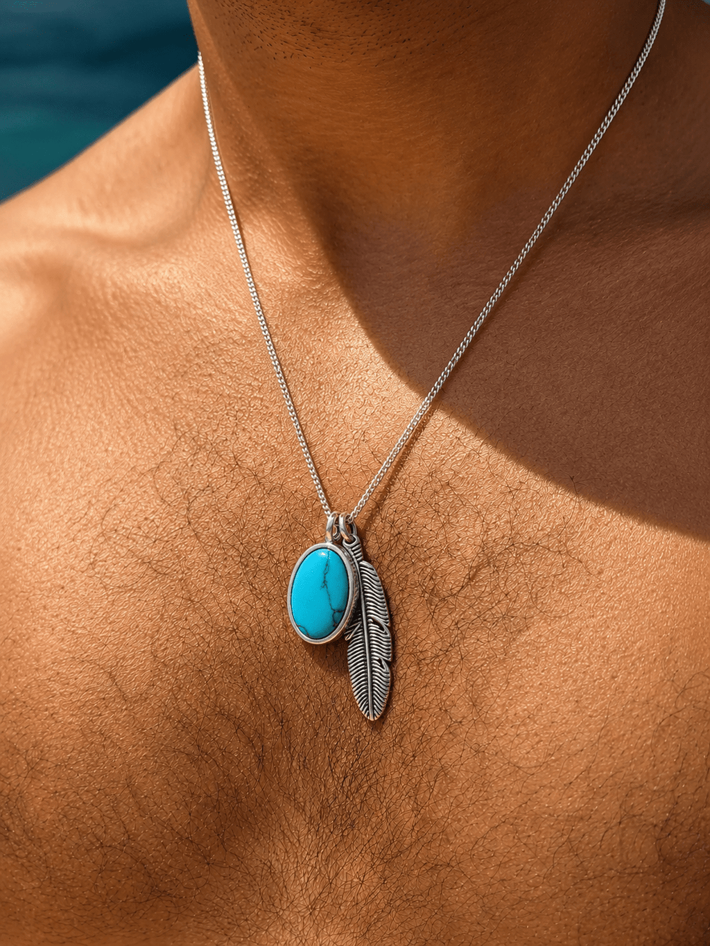 Turquoise Feather Necklace-Pure Sterling Silver 925s - 60cm - Sila Silver Jewelry